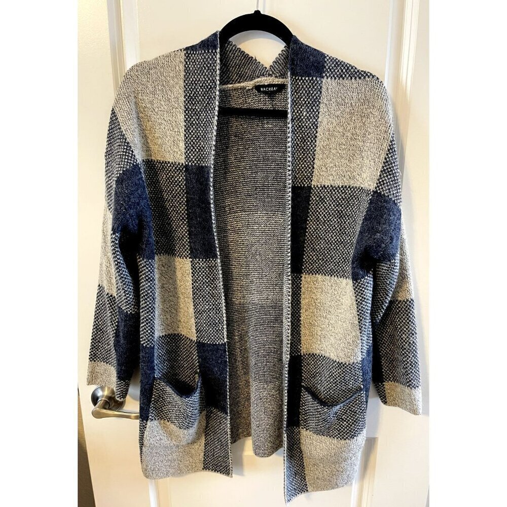 Racheal Buffalo Check Blue/Gray Open Cardigan Knit Sweater S/M Pockets long soft